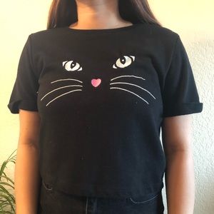Black crop top with embroidered cat